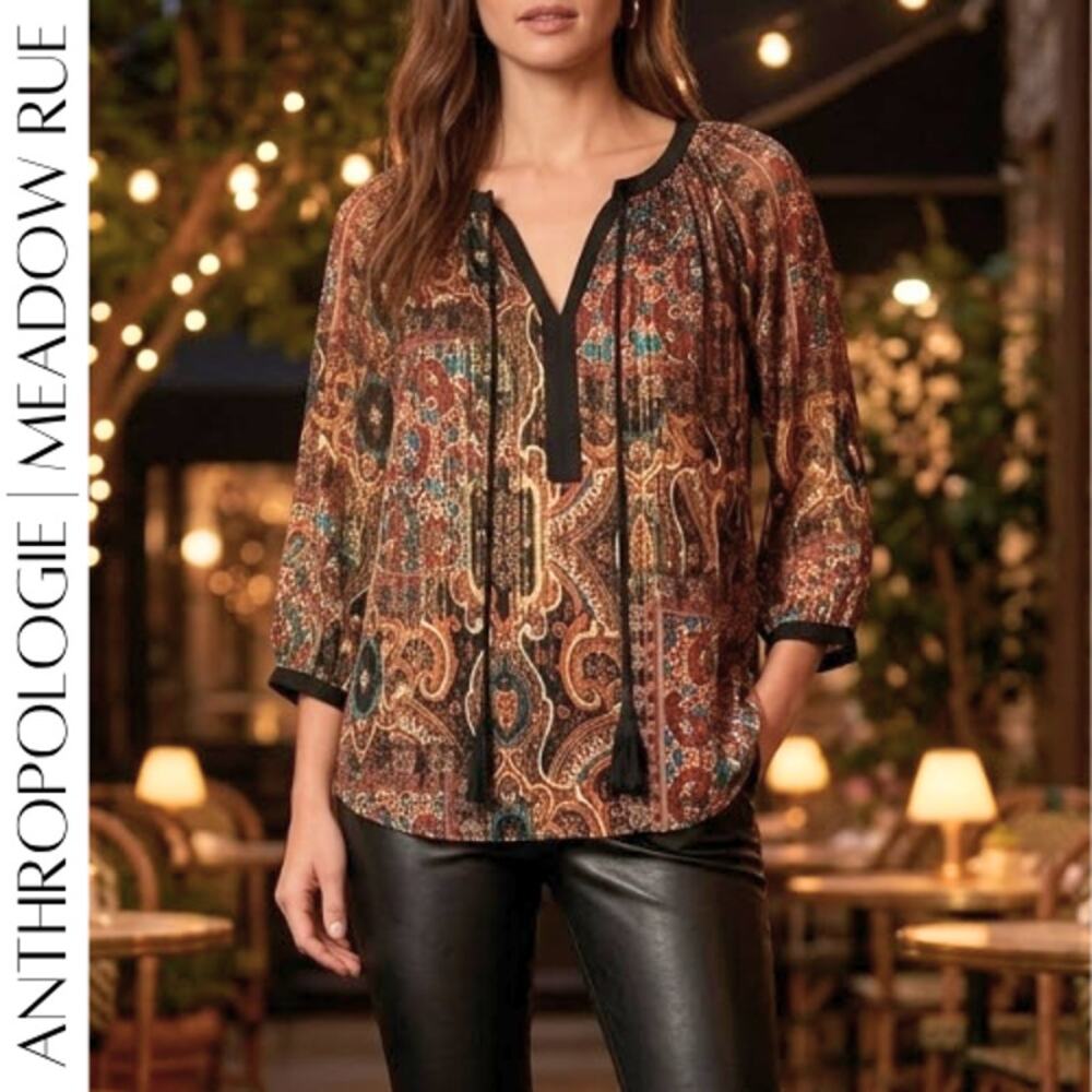 ANTHROPOLOGIE Meadow Rue Marya Paisley Boho Blouse S | Metallic Tassel Top